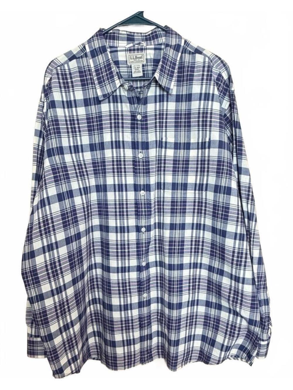L.L. Bean Men's XXL Regular Blue and White Plaid 100% Cotton Button-Up Shirt